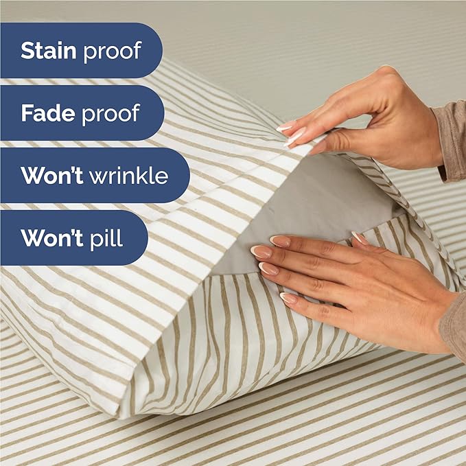 Full Size 4 Piece Sheet Set - Comfy Breathable & Cooling Sheets - Hotel Luxury Bed Sheets for Women & Men - Deep Pockets, Easy-Fit, Soft & Wrinkle Free Sheets - Beige Stripes Oeko-Tex Bed Sheet Set