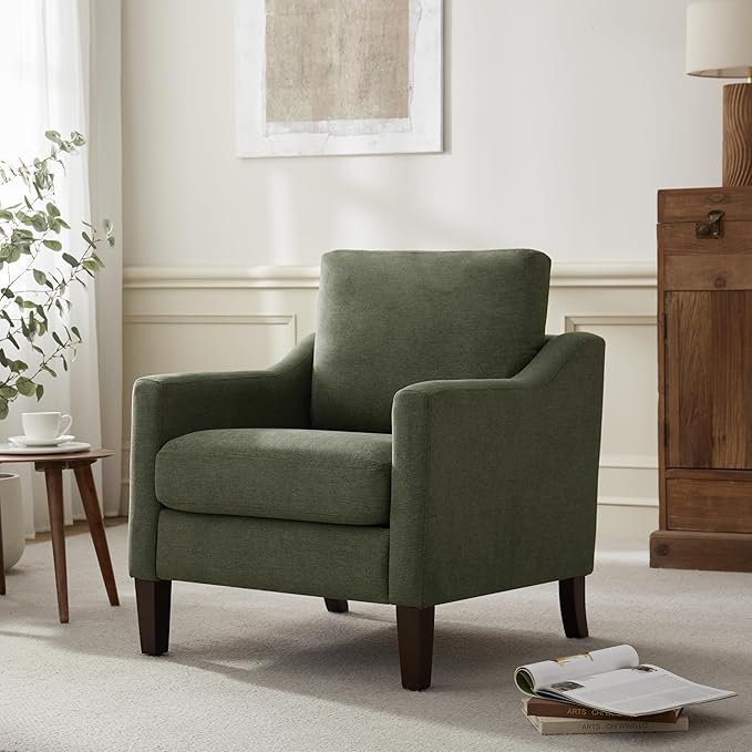 VKNOW Mid Century Modern Accent Chair, Upholstered Living Room Chairs Armchair for Bedroom, Comfy Reading Accent Chairs with Wood Legs for Living Room (1, Green)