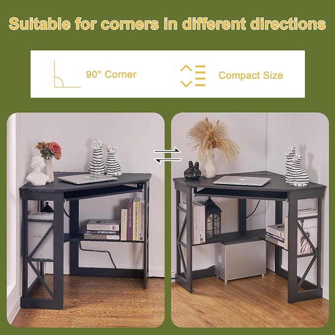 VECELO Corner Desk, Triangle Computer Desk for Small Space with Charging Station and Keyboard Tray, Corner Makeup Table with Storage Shelves for Home Office Bedroom, 41x30, Balck
