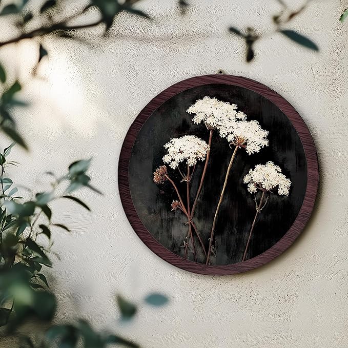TFKFJLF Vintage White Flowers Wall Hanging Prints Frame, Dark Farmhouse Rustic Round Wooden Prints, Cottagecore Botanical Flower Wooden Walls for Home Bedroom Living Room Decor, 10x10 Inch