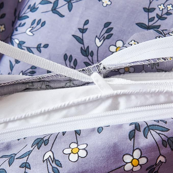 HoneiLife Queen Size Duvet Cover - Cotton Comforter Sets, Floral with Zipper Closure & Corner Ties, Pale Purple, Soft & Breathable - Lavender Grey, 3Pcs
