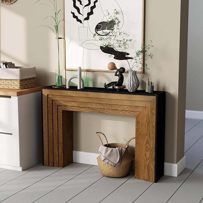 Wood Console Table, 47" Retro Long Sofa Table Behind Couch with Split-Level Design, Wooden Narrow Sofa Table Hall Table for Living Room Foyer Entrance Entryway, Black+Natural