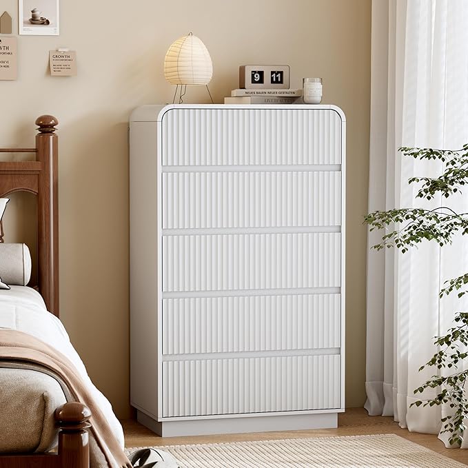 White Dresser Fluted Tall 5 Drawer Dresser for Bedroom, Wood Chest of Drawers with Hidden Handles & Rounded Corners, Modern Storage Cabinet and Organizer Drawers for Living Room, Hallway