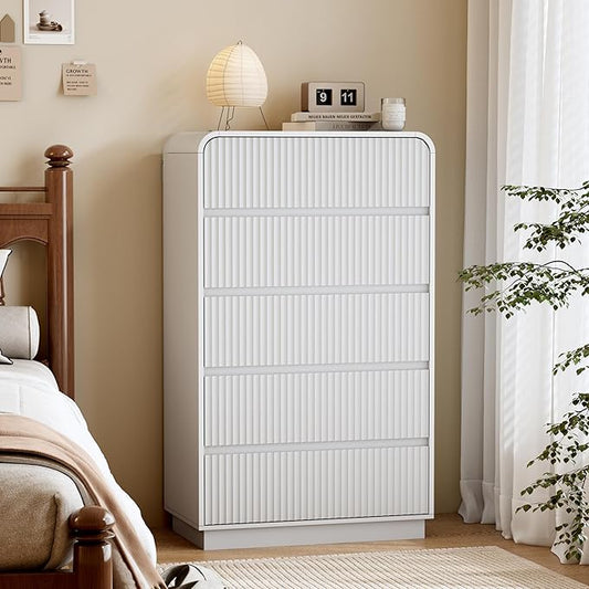 White Dresser Fluted Tall 5 Drawer Dresser for Bedroom, Wood Chest of Drawers with Hidden Handles & Rounded Corners, Modern Storage Cabinet and Organizer Drawers for Living Room, Hallway