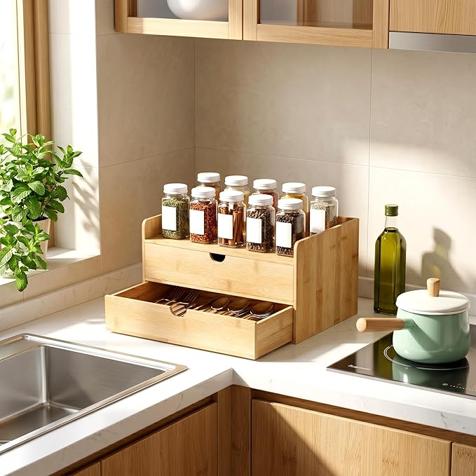 Desk Organizer with Drawers - Bamboo Desktop Organizer Storage | White-Natural Wood Desk Drawers Organizer for Bills, Office Supplies, Cosmetics, Seals No Assembly Required