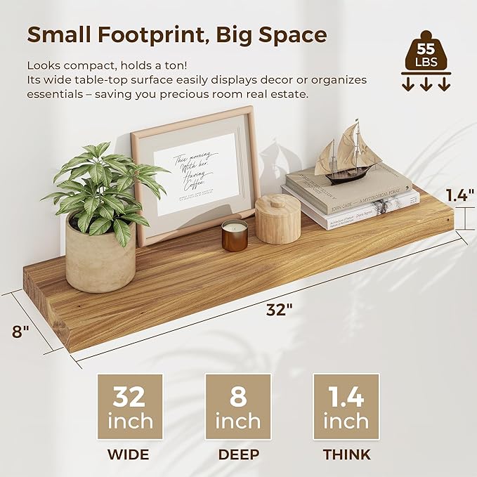 Rustic Floating Shelves for Home Decor, 32 Inch Long Wall Shelves Set of 2, Solid Elm Wood Floating Shelf for Wall, 8 Inch Deep Bookshelf for Storage & Display, 32 x 8 Bathroom Shelf, Natural Color