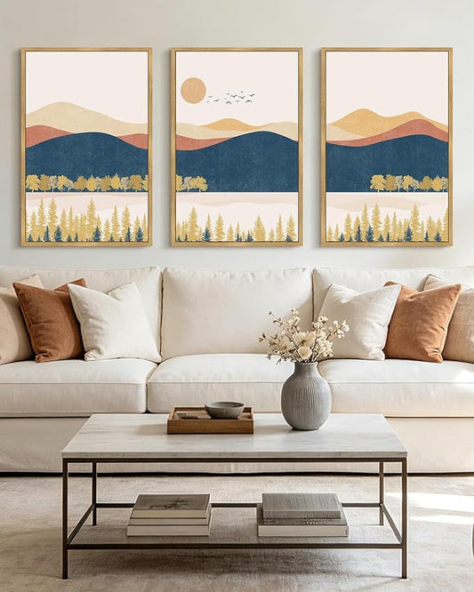 KUVIOKE Bohemain Mountain Landscape Framed Canvas Wall Art Watercolor Nature Artwork Painting Boho Farmhouse Rustic Room Decor for Bedroom Living Room 24x36in (Natural Framed)