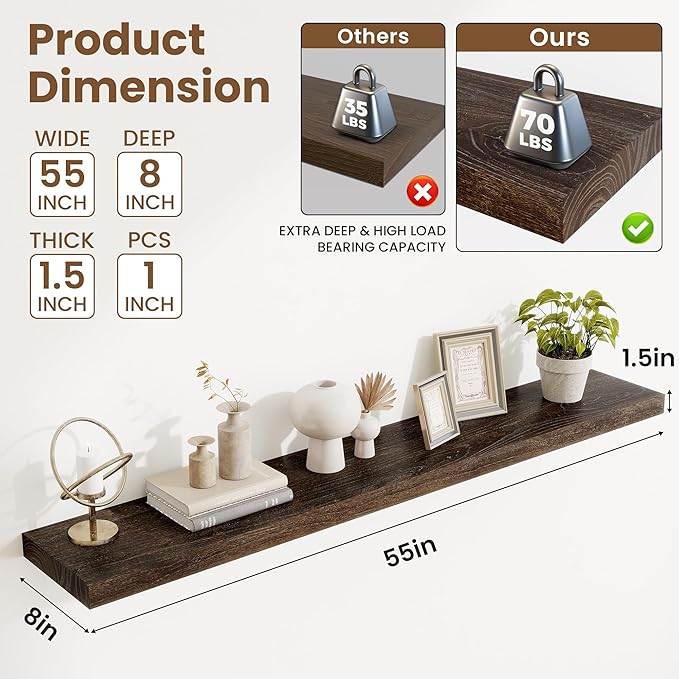 Extra Deep 55" Long Rustic Solid Wood Floating Shelves for Wall, Wall Shelves with Invisible Bracket for Living Room Bathroom Bedroom Kitchen, Set of 1, Walnut