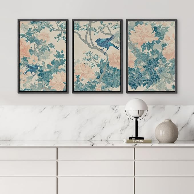 wall26 Framed Print Wall Art Set Elegant Blue Bird and Peony Floral Pattern Decorative Minimal Relax/Zen for Living Room, Bedroom, Office - 16"x24"x3 Black