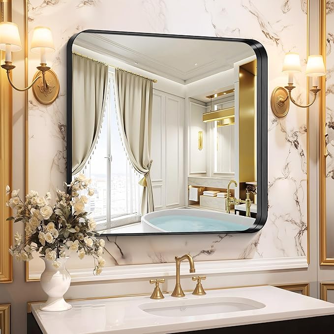 CIRCUMI Black Bathroom Mirror, 30"x30" Rectangular Mirror with Deep Metal Frame, Rounded Corner, Tempered Glass, Square Mirror for Wall, Oversink, Bedroom, Living Room, Vanity, Entryway, Crystal-Clear
