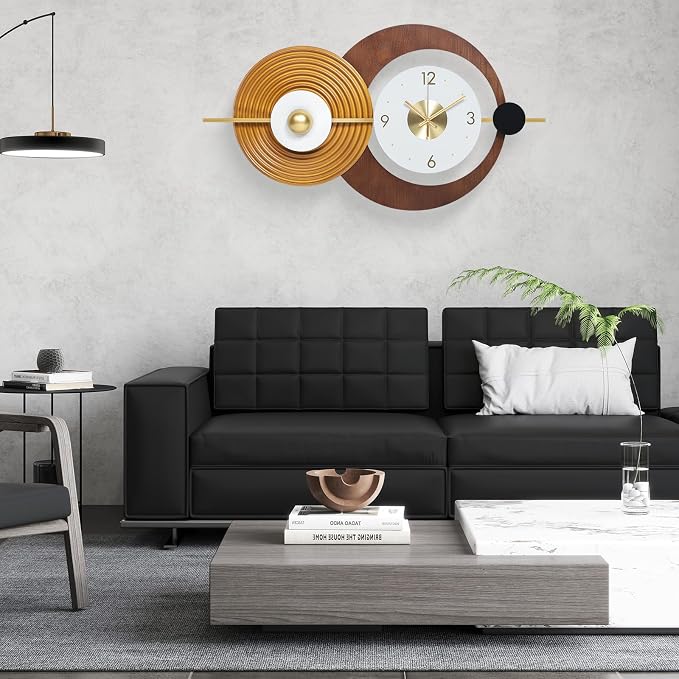 Wall Clock Modern Battery Operated Big Clocks Metal and Wooden Nordic Style Large Brown Wall Watch Decorative Timepiece Perfect for Home,Living,Bedroom 23X15inch