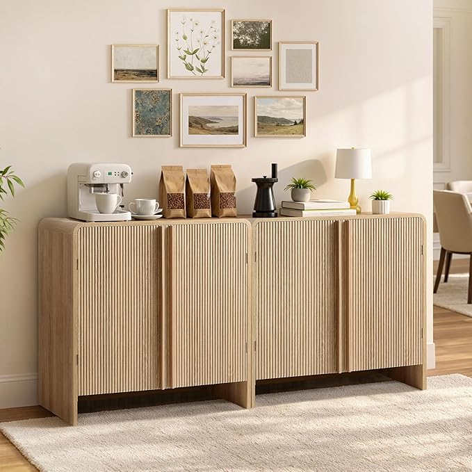 AMERLIFE 2-Piece Fluted Buffet Cabinet with Storage, Modern Sideboard Cabinet with Doors & Adjustable Shelf, Console Table & Credenza for Living Room, Kitchen & Entryway, Natural Oak