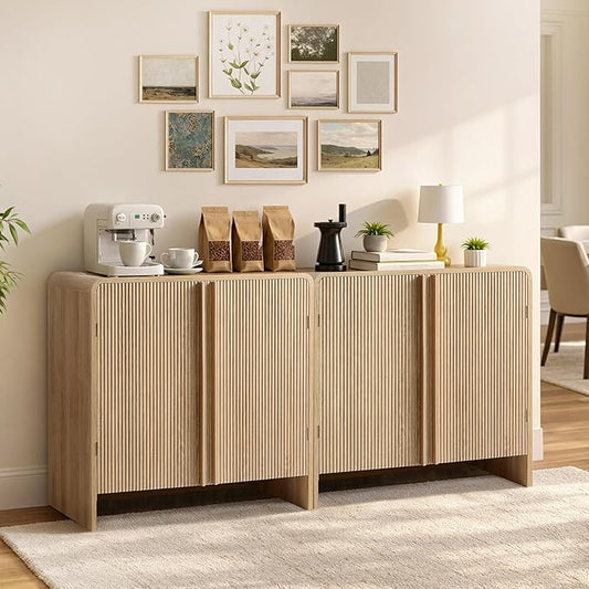 AMERLIFE 2-Piece Fluted Buffet Cabinet with Storage, Modern Sideboard Cabinet with Doors & Adjustable Shelf, Console Table & Credenza for Living Room, Kitchen & Entryway, Natural Oak