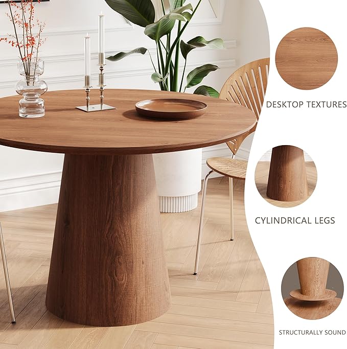 43" Wood Round Dining Table for 2 4 5, Mid Century Modern Farmhouse Rustic Circle Kitchen Table with Pedestal for Dining Room Kitchen, Dinner Living Room, Restaurant Walnut Easy Assembly