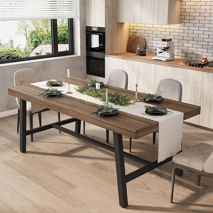GarveeHome Industrial Dining Table for 6-8 People, 70.87 in Long Wooden Kitchen Table with Sturdy Metal Frame & Rustic Brown Finish (Brown, 70.87 in Long)
