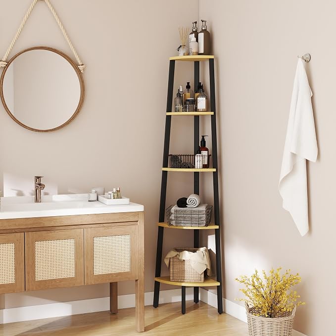 Corner Shelf, 5 Tier Ladder Corner Bookshelf, Display and Bookshelf Stand Unit, Anti Tip Feature, Space Saving, Ideal for Plants, Books, Living Room, Bedroom, Natural Oak