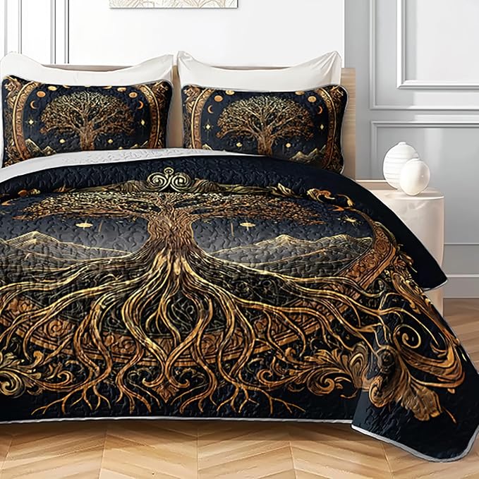 AILONEN Golden Tree of Life Twin Quilted Comforter Set 3 Piece, Celestial Moon Phase Bedspread Coverlet with 2 Pillow Shams, Soft Mystic Forest Bedding for Kids Dorm Room