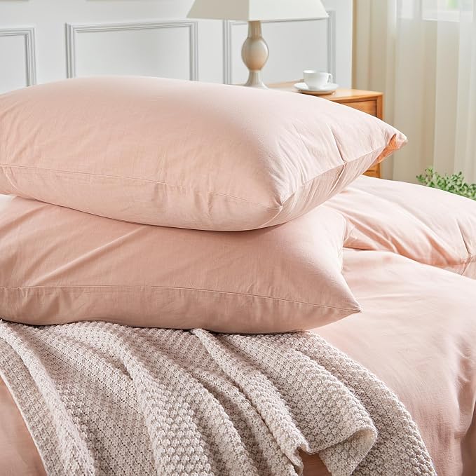 NEXHOME PRO Duvet Cover Set Oversized Queen 92"x98" Linen Look Textured Organic Natural 100% Washed Cotton 3 Pieces Bedding Set with Zipper Closure, Breathable, Dusty Pink (No Comforter)