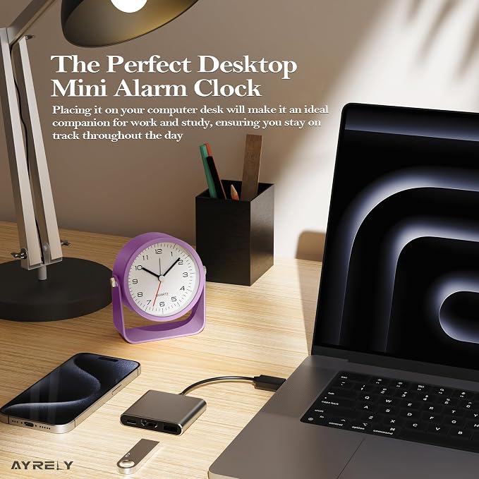 AYRELY® 3.5 Inch Small Analog Alarm Clocks,Battery Operated Desk Clock,Cute Table Clock with Light，Adjustable Angle for Travel,Bedside,Bedroom,Kids,Living Room Decor (Purple)
