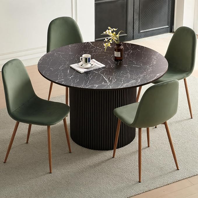 Dining Table Set for 4, Mid Century Modern 47 Inch Black Marble-Look Wooden Round Dining Table Set, Space Saving (Table + 4 Green Chairs)