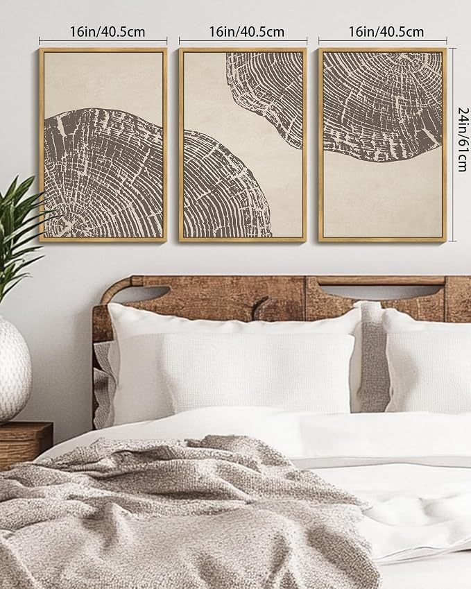 KUVIOKE Framed Tree Rings Wood Wall Art Modern Retro Beige Wood Stump Wall Decor Nature Rustic Art Print for Farmhouse Living Room Bedroom 16x24in (Natural Framed)