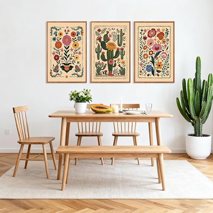 HLNIUC Vintage Flower Framed Canvas Wall Art,Colorful Desert Cactus Flowers Wall Decor Set of 3(24”x36”) Botanical Floral Butterfly Wall Painting,Large Desert Plant Art Print for Living Room,Office