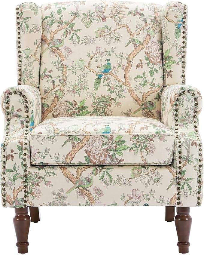 High Back Accent Chair, Fabric Upholstered Armchair for Living Room, Floral Wingback Chair with Retro Solid Wood Legs, Nailhead Trim Single Sofa Bedroom Reading Seat - Bird