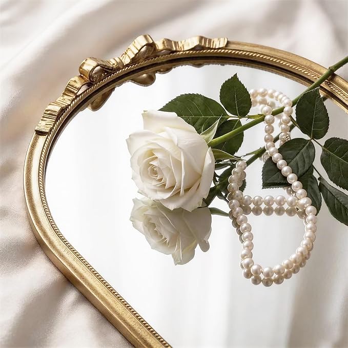 Gold Arched Bow Mirror - Modern Wall Mounted Large Beaded Mirror : 24"x39" Large Matt Gold Antique Wall Decor - Clean Ornate for Entryway/Fireplace/Bathroom/Hallway