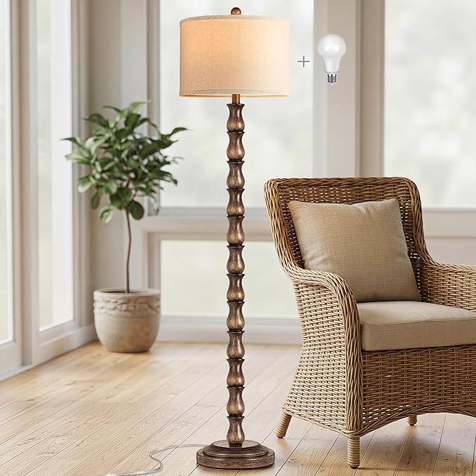63.5" Rustic Floor Lamp for Living Room, Farmhouse Floor Lamp with Rotary Switch & Linen Shade, Vintage Resin Tall Standing Lamp for Bedroom Corner Office Home Decor, Dark Brown (LED Bulb Included)