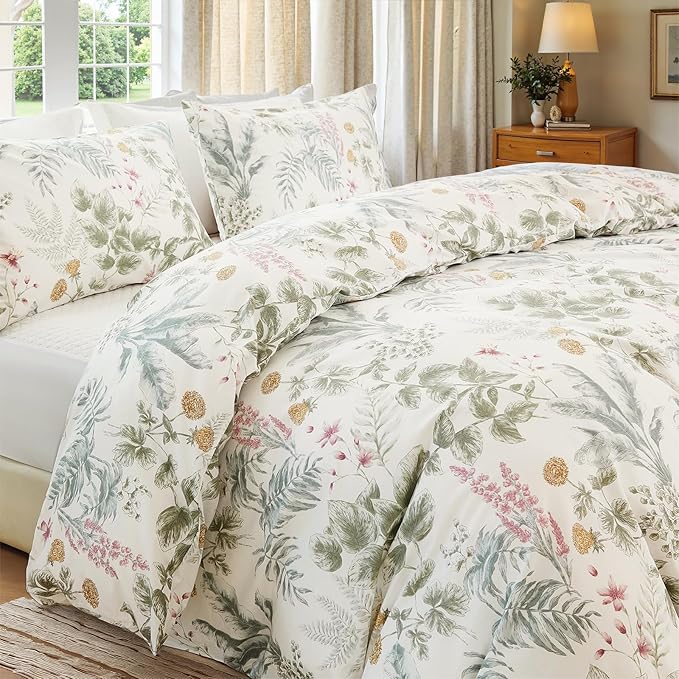 100% Cotton Duvet Cover King Size Sage Green Floral Bedding Set Reversible Botanical Comforter Cover 3 Pcs Vintage Cottagecore Aesthetic Soft Bedding Sets for All Season