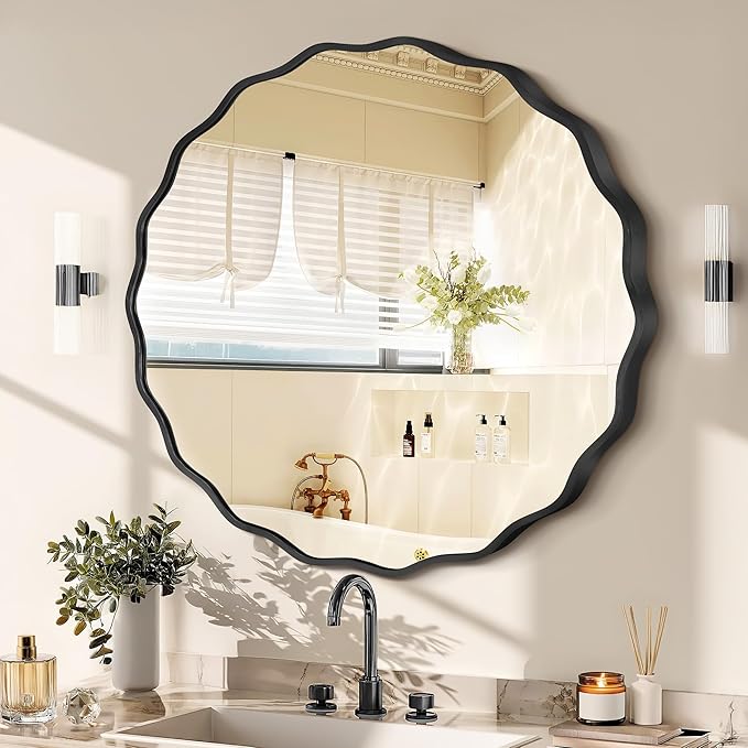 Black Round Mirror for Wall, 32"x32" Decorative Wavy Bathroom Mirror with Brushed Alloy Steel Frame & Shatter-Proof Glass, Hanging Circle Wall Mirrors for Bathroom, Entryway, Bedroom