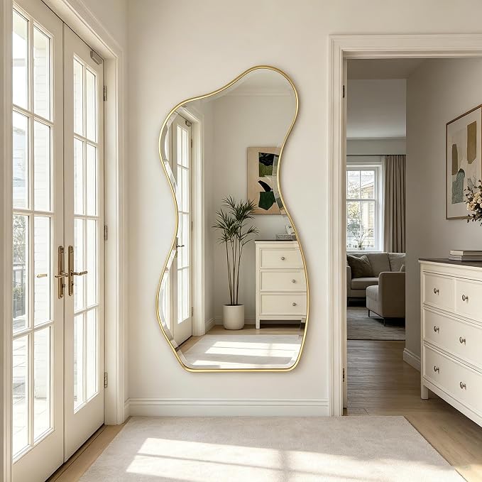 POZINO Large Irregular Beveled Mirror, 63"x32" Asymmetrical Wall Mirror with Metal Frame, Full Length Organic Floor Mirrors for Entryway Living Room Bedroom Hallway, Leaning/Wall-Mount