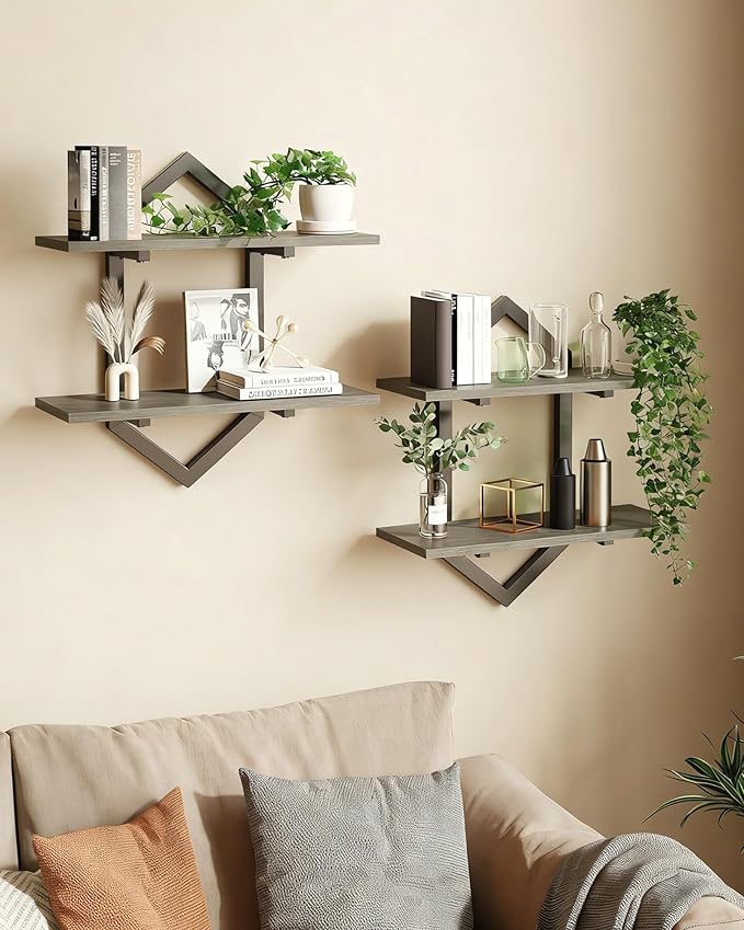 Floating Shelves, Set of 2 Wall Shelf, Wall Mounted Decorative Shelves, 2-Tier Modern Geometric Hanging Storage Shelf for Living Room, Bedroom, Kitchen, Office, Study (Greige + Black)