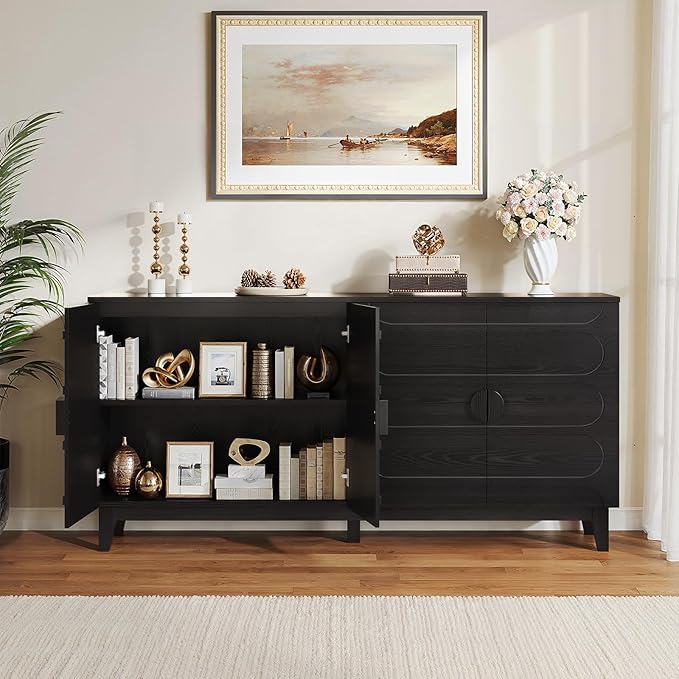 ONBRILL 63" Sideboard Buffet Cabinet with Storage, Large Buffet Cabinet with 4 Circular Panel Design Doors and Adjustable Shelves, Modern Sideboard for Living Room, Kitchen (Black)