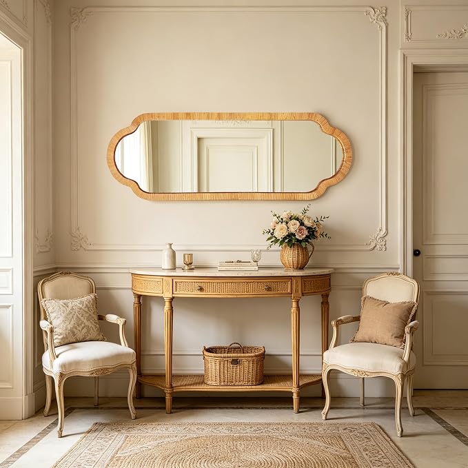 BAODANFU Full Length Rattan Mirror, Decorative Wall Mirrors of Hallway, Entryway, Long Scalloped 18 x 53 inch Dressing Mirror for Bedroom Vanity Walk-in Closet Living Dining Room