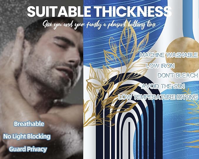 Light Blue and Black Shower Curtain Boho Mid Century Sky Blue and White Shower Curtains for Bathroom Decor, Waterproof Cloth Fabric with Hooks, 70" W x 72" L