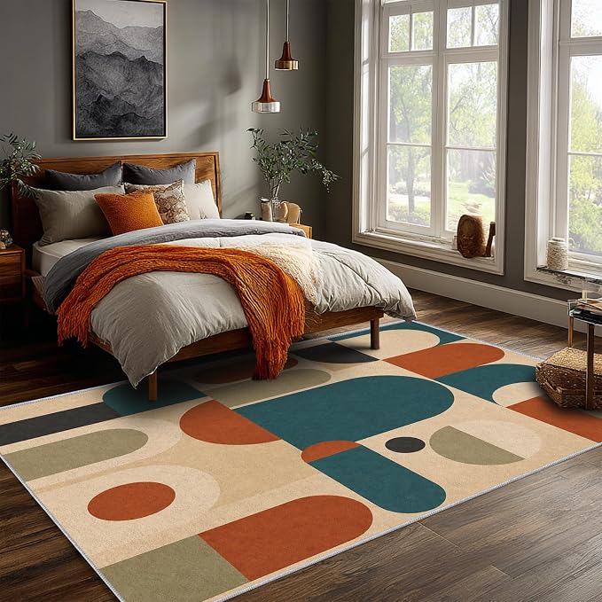 Teal Rust Area Rug 6x8, Mid Century Modern Mosaic Geometric Rug, Retro Abstract Color Block Washable Low Pile Non Slip Rug for Living Room Bedroom