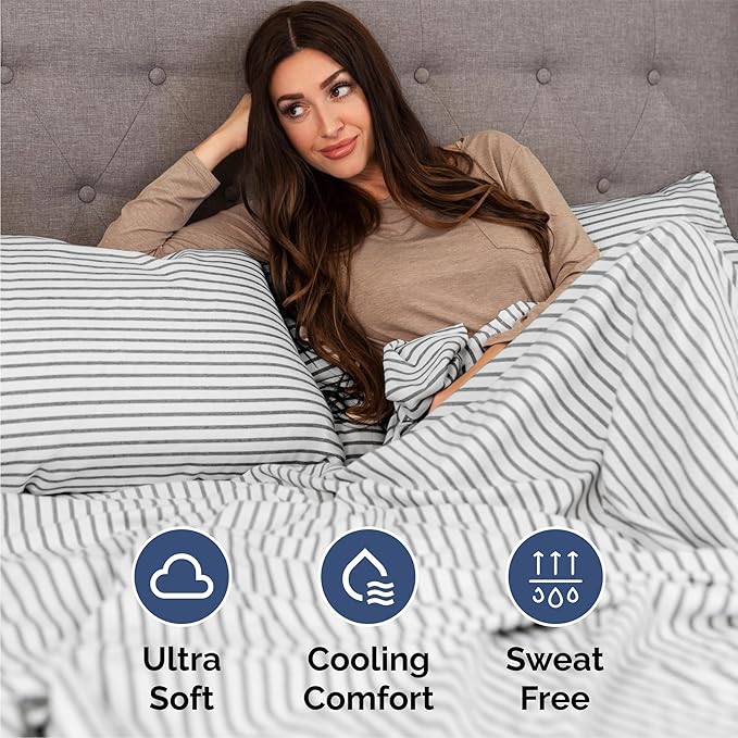 Queen Size 4 Piece Sheet Set - Comfy Breathable & Cooling Sheets - Hotel Luxury Bed Sheets for Women & Men - Deep Pockets, Easy-Fit, Soft & Wrinkle Free Sheets - Grey Stripes Oeko-Tex Bed Sheet Set