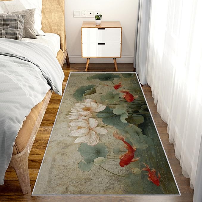 Lotus Flower Runner Rug 4x8, Koi Fish Design, Asian Art Area Rug, Washable Non-Slip Floor Carpet Runner for Bedroom, Dining Room, Living Room Aisle