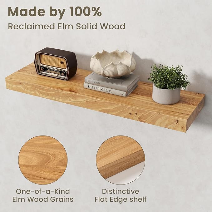 Fun Memories Solid Elm Wood Floating Shelves Set of 2-30 Inch Rustic Wall Shelves with Heavy-Duty Invisible Brackets - for Living Room, Kitchen, Bedroom, Bathroom - Natural Finish