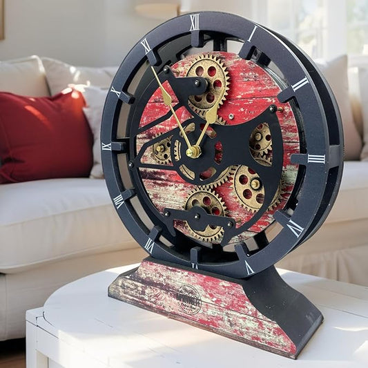 ImprovingLife The Gears Clock Desk Clock 10 inches with Real Moving Gears Convertible into Wall Clock (Red Lava)