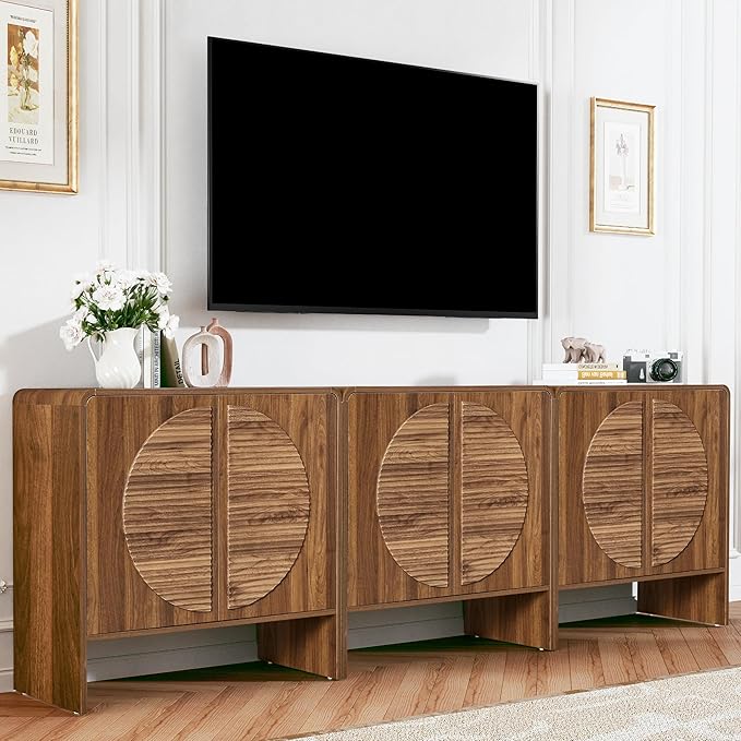 Turtle&Myrtle Fluted Sideboard Buffet Cabinet, Curved Storage Cabinet with 2 Doors and Adjustable Shelves, 31" Wide Mid Century Modern Accent Cabinets, Wood Credenza for Living Room, Kitchen, Brown