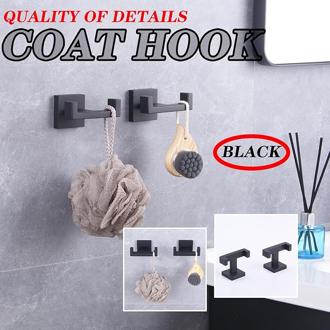 GERZWY Matte Black Bathroom Double Towel Hook Stainless Steel Coat/Robe Clothes Hook for Bath Kitchen Modern Hotel Style Wall Mounted 2 Pack AG1417B-BK
