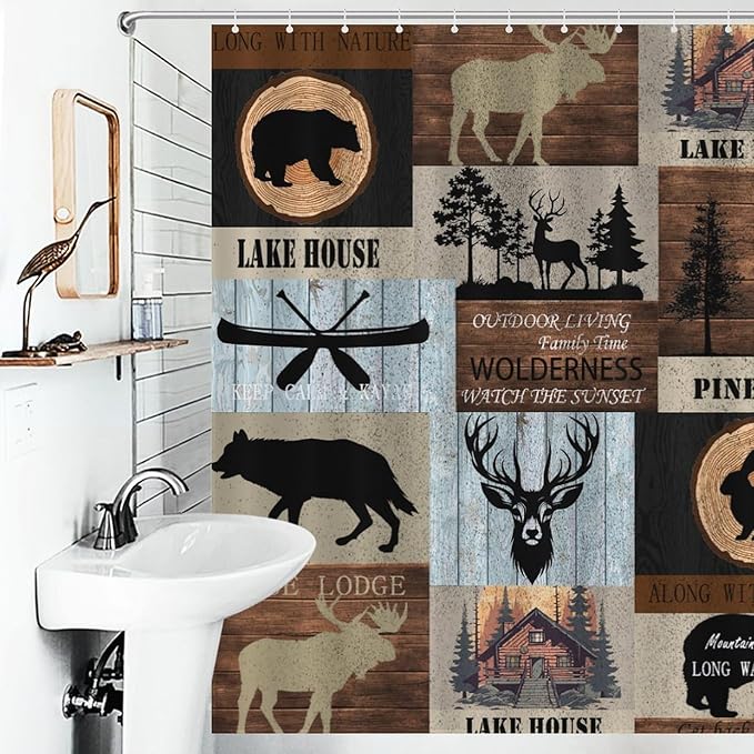 Rustic Cabin Shower Curtain Bear Deer Forest Wildlife Country Lodge Hunting Camping Animal Farmhouse Vintage Waterproof Shower Curtains for Bathroom Decor 12 Pack Hooks 66x72in（168x183cm）