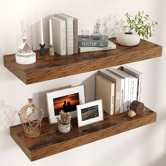 Floating Shelves for Wall, 36" W x 12" D x 2" H, 2 Pack of Long Wall Mounted Engineered Wood Shelves with Invisible Brackets for Living Room, Bedroom, Bathroom, Kitchen Decor, Brown
