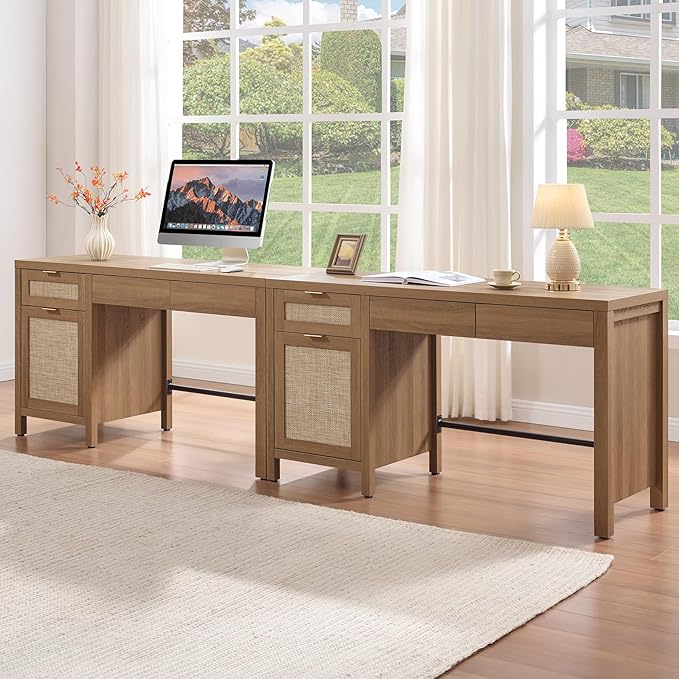 SICOTAS Office Computer Desk with 6 Drawers - Rattan Writing Desk with Storage Boho Wood Home Office Desks, Modern Executive Desk Study Table Vanity Desks for Bedroom, Living Room, Oak, 2PCS