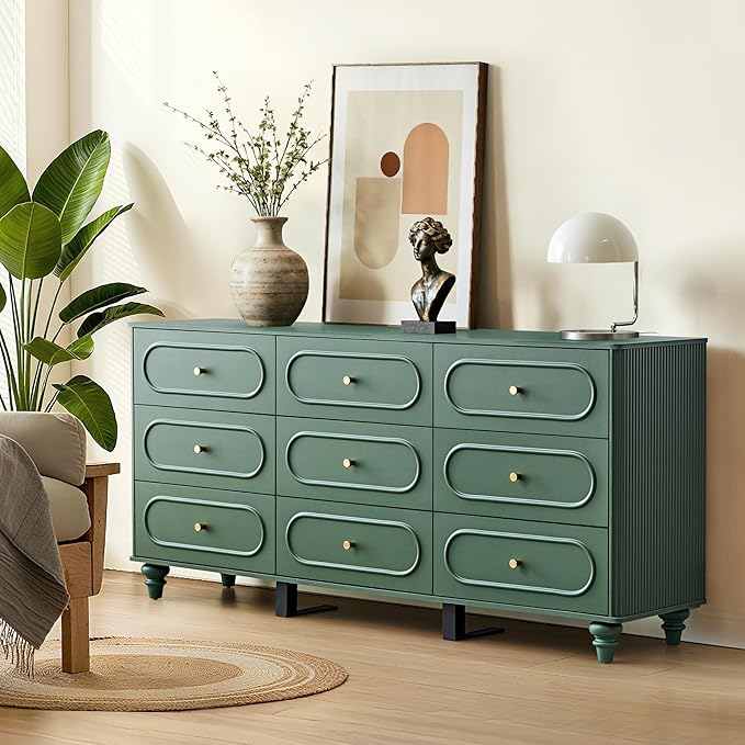 ORRD 9 Drawer Fluted Dresser for Bedroom, Mid Century Modern Chest of Drawers, Wood Storage Small Dresser Organizer for Bedroom Living Room Hallway Closet, Green
