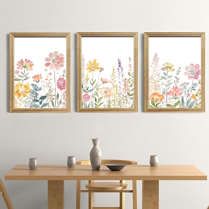 PicturePerfect Decor Watercolor Wildflower Wall Art Set of 3, 12x16Inch Framed Canvas Prints, Pastel Floral Decor for Living Room Bedroom Bathroom Office Hallway, Spring Meadow Decor, Wood Frame