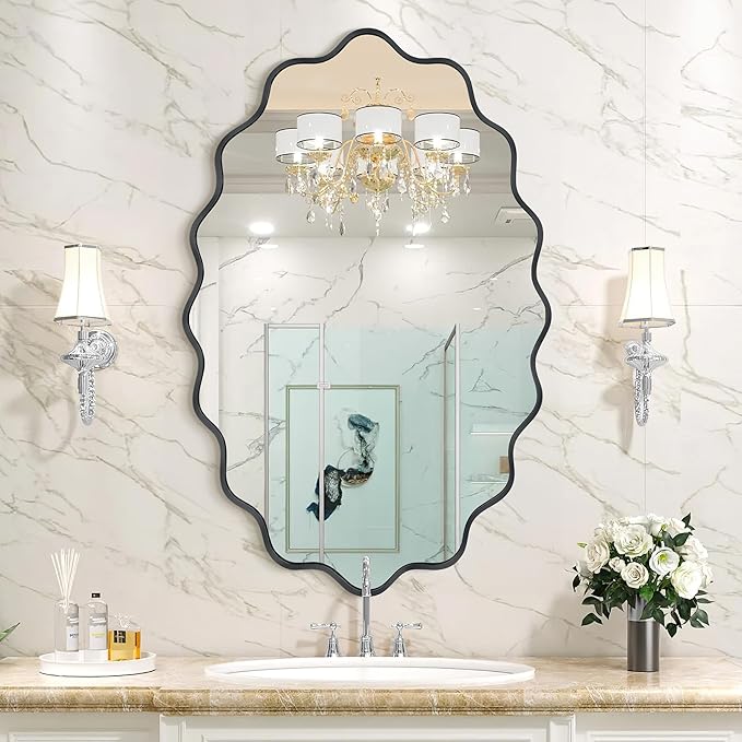 Oval Wavy Wall Mirror -Irregular Wall Mirror with Black Asymmetrical Aluminum Alloy Frame,24"x36" Decorative Wall Mirrors for Bathroom, Bedroom, Living Room, Dining Room，Entryway