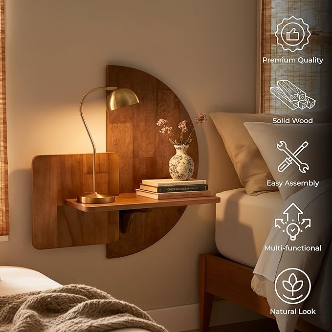 Behomes Soluna Solid Wood Floating Nightstand, Wall Mounted Nightstand, Floating Bedside Table for Bedroom and Living Room, Modern Rustic Wooden Night Stand, Small Floating Shelf for Wall, Walnut